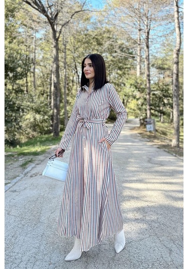 Kadın Kiremit & Ekru Çizgili Uzun Kol, Rahat Beli Kemerli, Cepli, Keten, Maksi Gömlek Elbise Kiremit