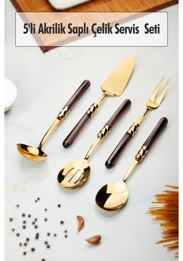 5 Parça Gold Servis Seti & Servis Sunum Seti Füme Kepçe / Kevgir / Sıpatula / Çatal / Kaşık