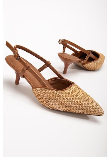 Kadın Kısa Topuklu Ayakkabı Taba Hasır Malzeme İnce Topuk Yan Direkli-3795 Taba