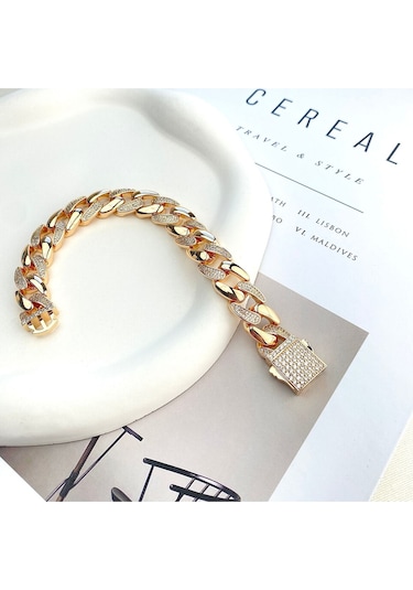 Gurmet Bileklik Tam Tur Zirkon Taşlı Kalın Zincir Çelik Kararmaz Xuping Rose 1,4cm Gold