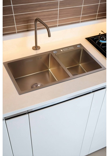 Sun Serisi %100 Krom 82x45 İki Göz Bıçak Yuvalı Paslanmaz Mutfak Eviyesi, Mutfak Lavabosu Bronz