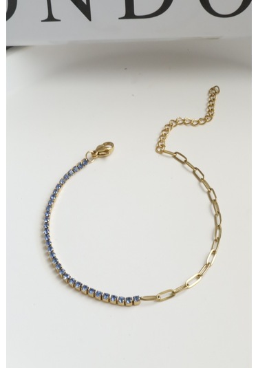 Kadın Çelik Bileklik İnce Suyolu Elips Mix Zincir Bileklik Mavi