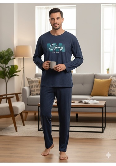 Erkek Uzun Kol Kışlık Pijama Takım Koyu Mavi