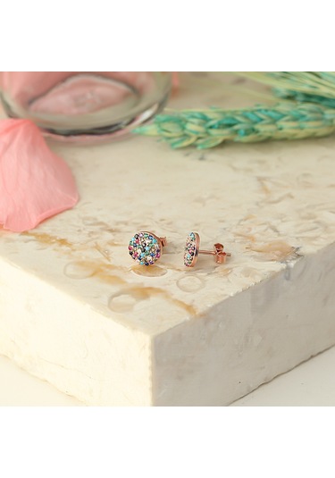 925 ayar Gümüş Mix taşlı Rose kaplama Yuvarlak küpe Büyük model