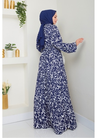 Sevil Yarım Düğmeli Dokuma Viskon Elbise 1504 - Lacivert Lacivert