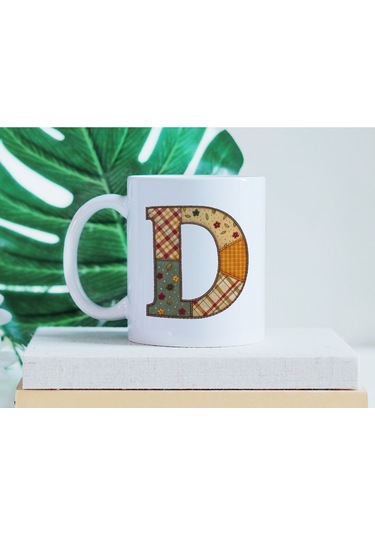 D Harfi Sonbahar Kış Temalı Yamalı Tasarım Kupa Bardak - Etnik Ve Pathwork Severlere Özel Hediye Beyaz