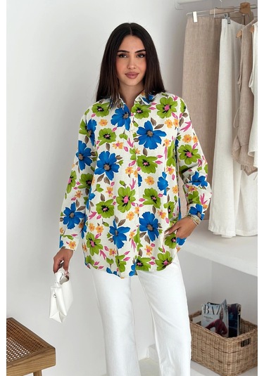 Çiçek Desenli Keten Gömlek DESENLI