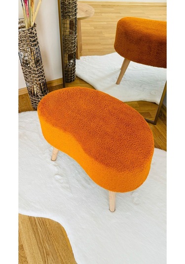 Fasulye Model Ahşap Ayaklı Teddy Kumaş Dekoratif Puf Bench Tarçın
