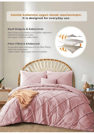Evlen Home Pamuklu Aimar Yatak Örtüsü Takımı Çift Kişilik Günlük Boho 3 Parça Elyaf Dolgulu Pudra Pudra
