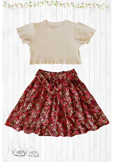 Etekli Crop Takım, Pamuklu Viskon Etek - Pamuklu Fitilli Crop Skahve-çiçekli1 Kahverengi