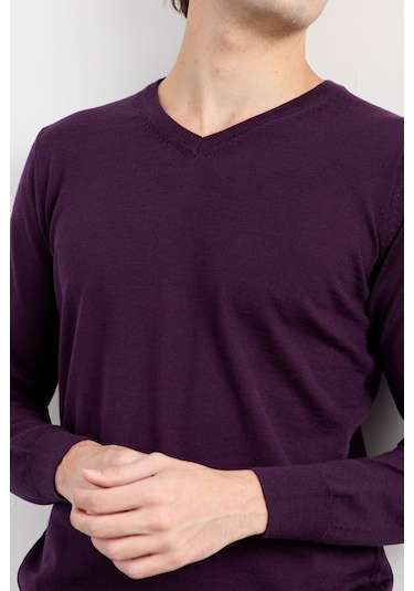 Erkek Basic V Yaka İnce Triko Kazak Mor Mor