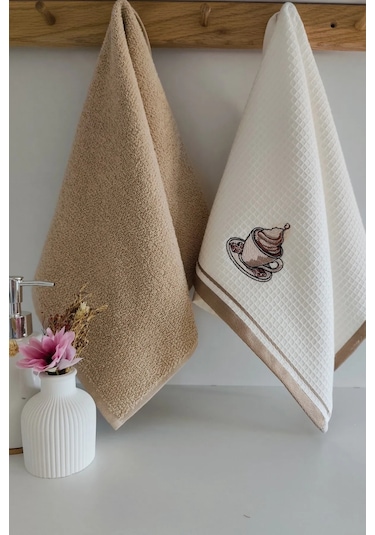 2 Li Mutfak Havlusu Bej Renk Kapuçino Fincanı Nakışlı Bej