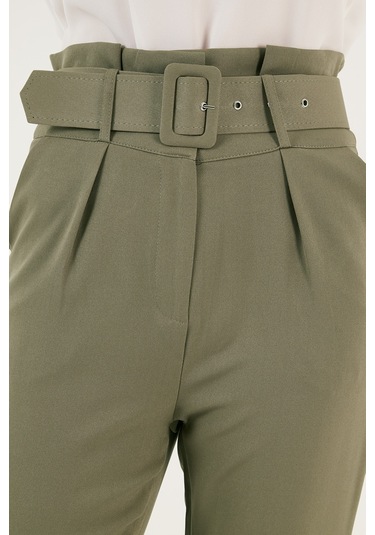 Lela Yüksek Bel Cepli Kemerli Regular Fit Kumaş Bayan Pantolon 611Pl04 Olive