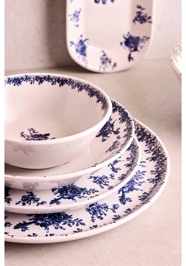 Antik Mavi 27 Parça 6 Kişilik Seramik Yemek Takımı Vintage Mavi Çiçekli Yuvarlak Servis Seti Mavı Mavi