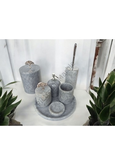 Gri Mermer Klasik Model 7 Parça Gümüş Renk Japon Gülü Aksesuarlı Banyo Seti Gri