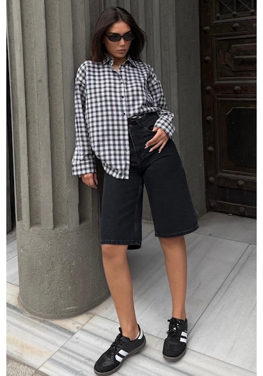 Madmext Siyah Oversize Kareli Kadın Gömlek Mg2822