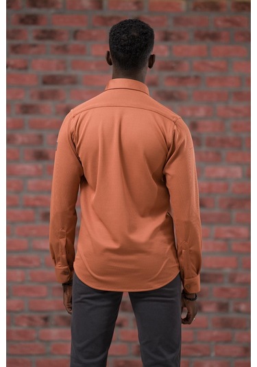 Advante İnce Fitilli Full Likralı Yaka Düğmeli Mevsimlik Slimfit Gömlek kiremit