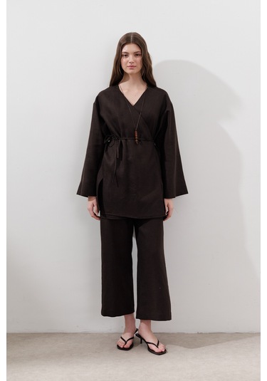 Keten Kruvaze Kapama Kimono Acı Kahve Acı Kahve