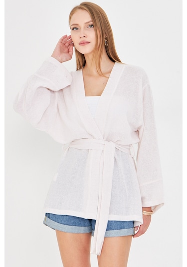 Armonika Kadın Beyaz Kemerli Kimono Arm-25y001073