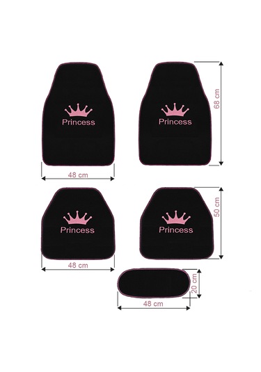 Prenses Gibi Arabana Hava Kat Taç Desenli Pembe Nakışlı 5 Li Oto Halı Paspas Seti