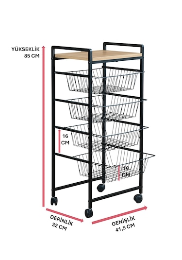 Dekoratif Tekerlekli Metal Sebzelik 4 Tel Sepetli Çam Ahşap Raflı Çok Amaçlı Stand Siyah