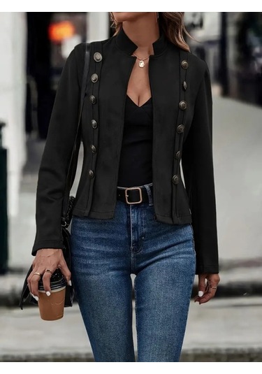 Kadın Uzun Kollu Hakim Yaka Yanlardan Düğmeli Kısa Süet Ceket Siyah