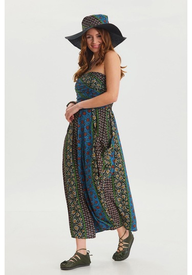 Straplez Göğüs Cep Detaylı Kloş Elbise M