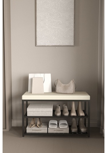 Aju Ayakkabılık Puflu Süngerli Oturaklı Metal Ayakkabı Rafı Modern Vestiyer Baklavalı Metal Tasarım Benc Krem