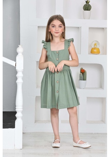 Kız Çocuk %100 Pamuk Keten Elbise 12197 Çağla Yeşili