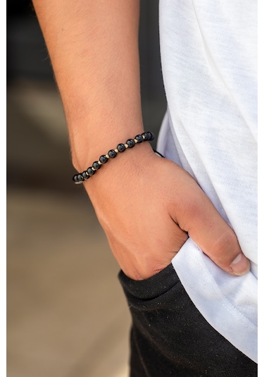 14 Ayar Altın Büyük Oniks Boncuklu Erkek Bileklik Sarı Altın