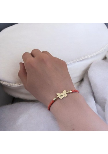 Buse İsmine Özel 14 Ayar Altın Plakalı Turuncu Derili Kelebek Motifli Hediye Bileklik-502isim Buse