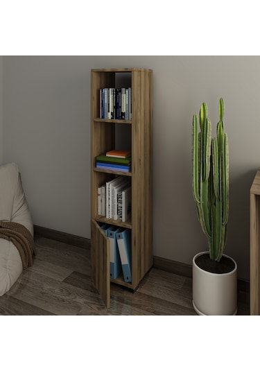 Kuzey 4 Raflı, Kapaklı Minimal Beyaz Kitaplık Antik Ceviz