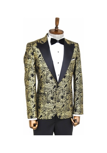 Wessi Desenli Sivri Yakalı Siyah Erkek Smokin Ceketi Siyah