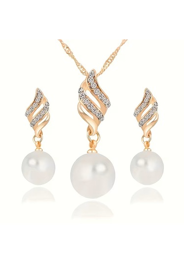 İnci, Zirkon Taş İşlemeli, Gümüş, Altın Kaplama, Takı Seti Kolye Küpe , Yeni Yıl, Gold