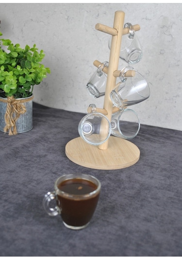 6 Kişilik Ahşap Standlı Mini Kahve Bardağı Seti 75 Ml Paşabahçe Espresso Bardak Şeffaf