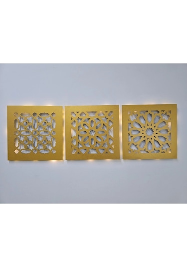 Led Işıklı Motif Tablo 3 Lü Set - 30x30cm Gold
