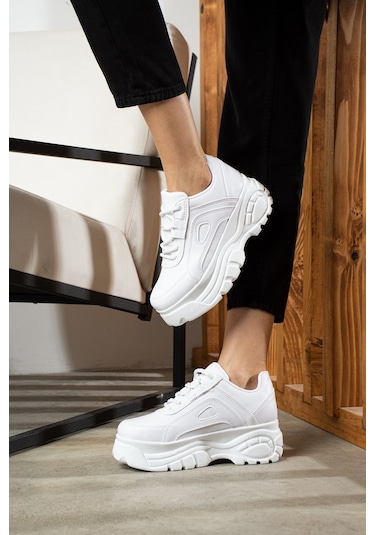 Günlük Kadın Spor Ayakkabı Yüksek Kalın Taban 6 Cm Suni Deri Sneaker 001 Beyaz