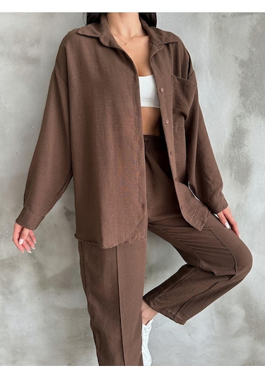 Kadın Oversize Keten Gömlek Pantolon Alt Üst Takım Kahverengi Kadın Oversize Keten Gömlek Pantolon Alt Üst Takım Kahverengi