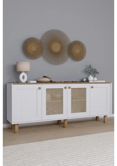 Bohem Serisi Natura 2 Kapak Pvc Hasır Desen Mat Beyaz - Açık Ceviz Konsol Açık Ceviz & Beyaz