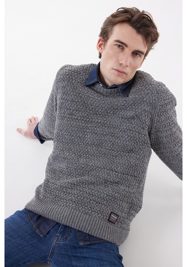 Wrangler Regular Fit Normal Kesim Bisiklet Yaka Gri Melanj Erkek Triko Kazak W232580036 Gri Melanj