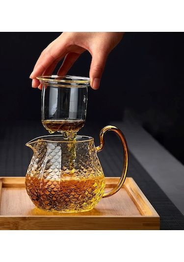 Qerhome Borosilikat Cam Buzlu Gold Saplı Bitki Çayı Demliği 550 Ml Altındem Şeffaf