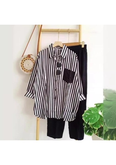 M-5xl Kadın Giyim İlkbahar Yaz Uzun Kollu Üst + Pantolon Yeni Çizgili Tek Sıra Yaka Gömlek + Geniş Paça Pantolon 2 Adet Siyah M-5xl Kadın Giyim İlkbahar Yaz Uzun Kollu Üst + Pantolon Yeni Çizgili Tek Sıra Yaka Gömlek + Geniş Paça Pantolon 2 Adet Siyah