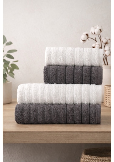 Violeta Model 4'lü Banyo Havlu Seti Krem-antrasit
