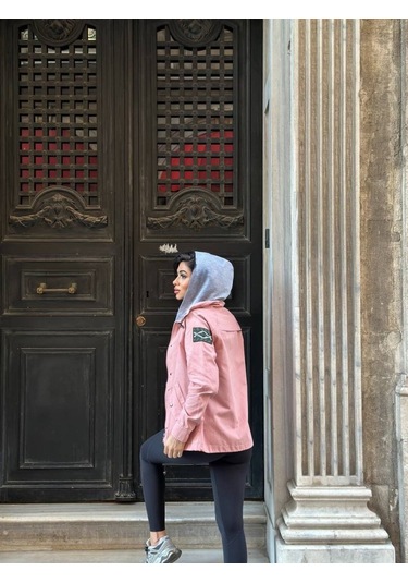 Kadın Ek Parça Kapüşon Kol Arma Detay Gabardin Ceket Pembe