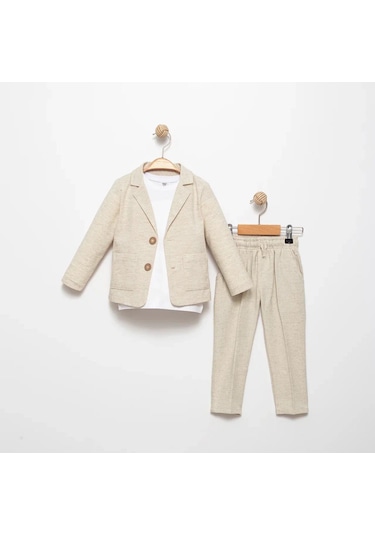 Ceketli Tişörtlü Erkek Çocuk Keten Damatlık Takım M00714 Bej