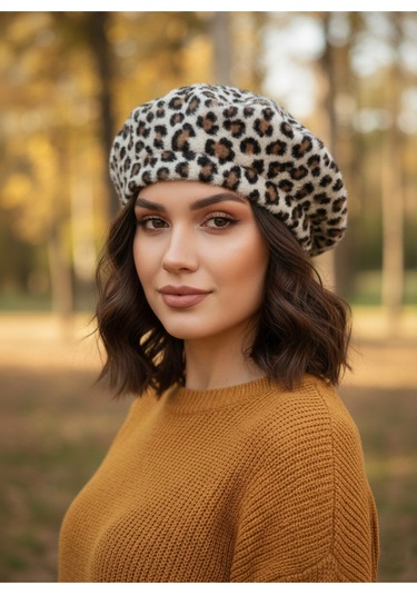 Derikem Fransız Tüylü Peluş Ressam Bere Kadın Şapka Leopar-ekru