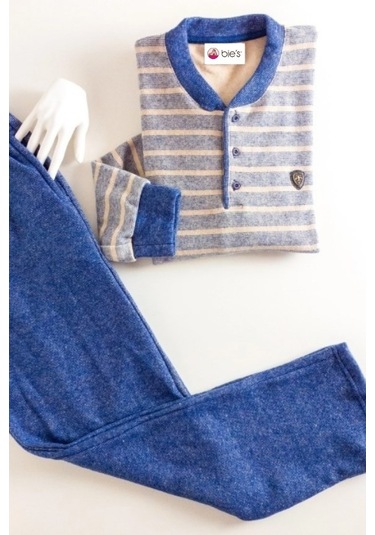 Erkek 3 Düğme Çizgili Kışlık Pamuklu Selanik Kumaş Uzun Manşetli Kol Cepli Pijama Takımı Mavi-gri