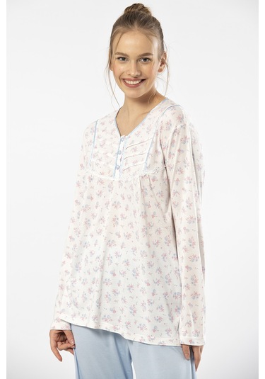 Türen 3366 Kadın Büyük Beden Uzun Kollu Pijama Takım-mavi Mavi