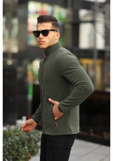 Kozik Standart Kalıp Tam Fermuarlı 3 Cepli Erkek Polar Haki