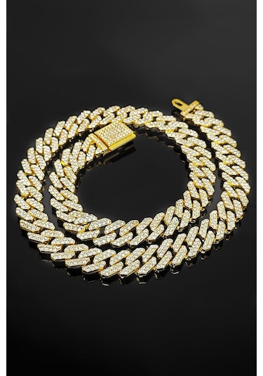 Chavin 12 Mm. Gold Kalın 60 Cm. Taşlı Alloy Erkek Zincir Eu77sr Gold